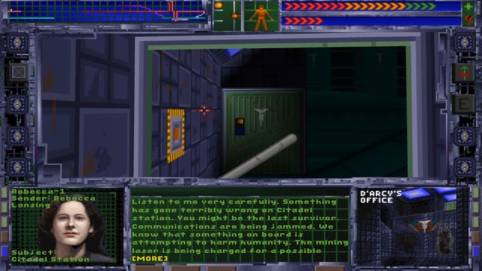 A screenshot from System Shock where Rebecca Lansing is sending you a message