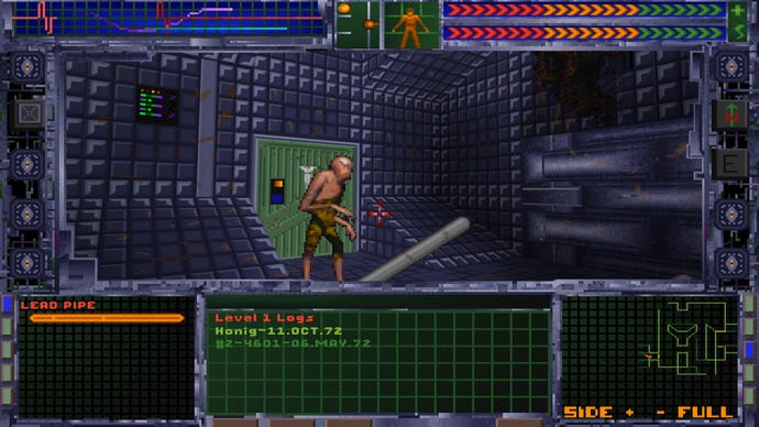 The player approaches a mutant with a lead pipe in System Shock