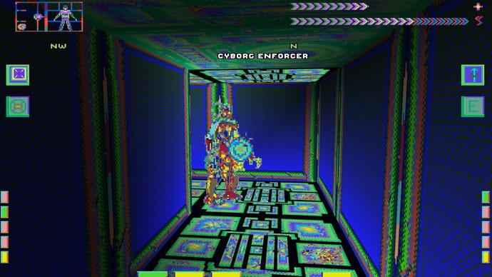 The player encounters a cyborg enforcer in System Shock