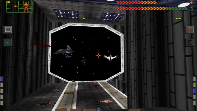 The player approaches a docking station with lots of winged monsters near it in System Shock