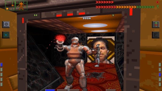 A monster approaches the player in a corridor in System Shock