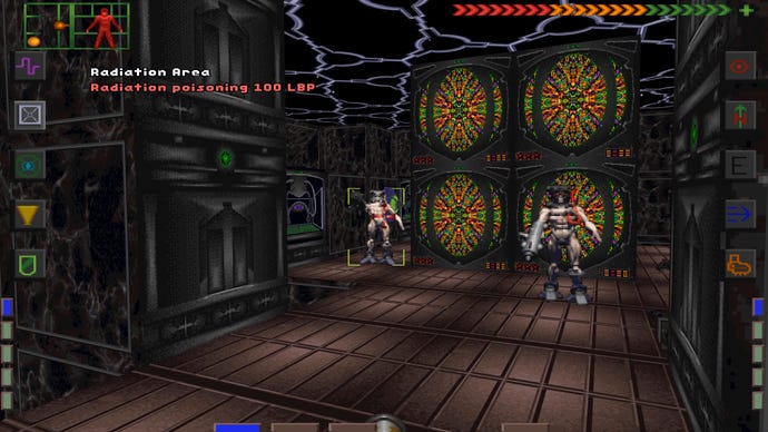 Two mutants approach the player in a cyberpunk-looking control room in System Shock