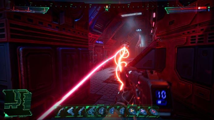 The player launches a shot of red twisted energy at a wall lazer in System Shock
