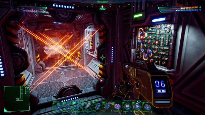 To the right is a puzzle grid with a bunch of wires that effect a series of lazers to the left in System Shock