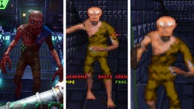 A collage showing the humanoid mutant enemy in the System Shock remake, System Shock Enhanced Edition, and the original System Shock.
