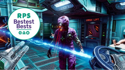 A creepy humanoid in a spaceship uniform approaches the player in System Shock, the screenshot has Rock Paper Shotgun's bestest best badge in the top left corner
