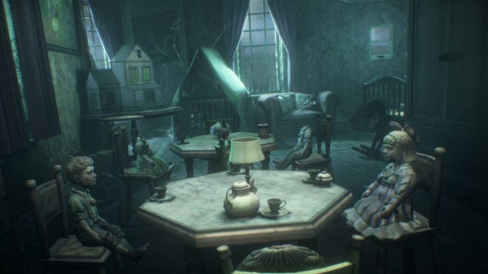 A screenshot of The 7th Guest VR showing eerie dolls sat around tables in a long-abandoned nursery.