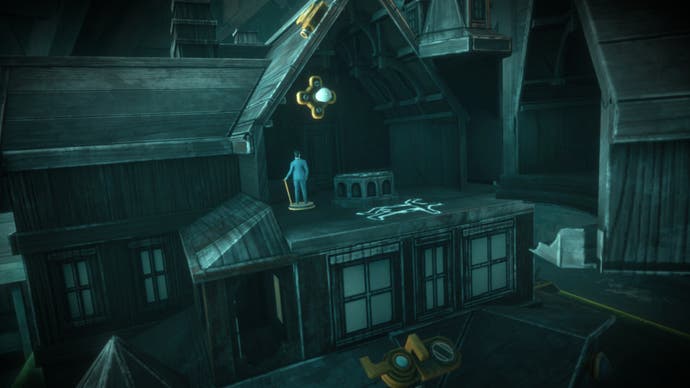A screenshot of The 7th Guest VR showing a puzzle resembling a doll house version of Stauf Mansion. A replica of a guest stands near the chalked outline of a body in its tiny attic.