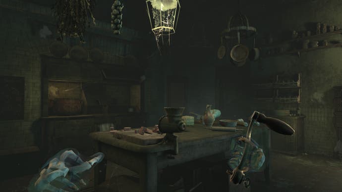 A screenshot of The 7th Guest VR showing an old-fashioned kitchen. The player's disembodied hands are holding a crank, and rotting food is piled high among the shadows.