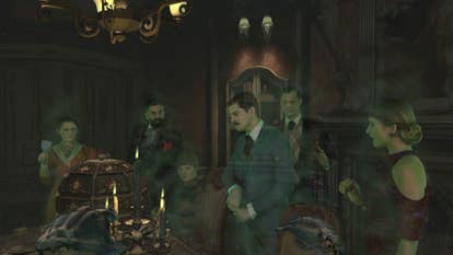 تصویری از هفتمین مهمان واقعیت مجازی که شش مهمان را نشان می دهد - که توسط بازیگران دیجیتالی به تصویر کشیده شده است - دور یک میز در یک اتاق ناهار خوری پر زرق و برق.