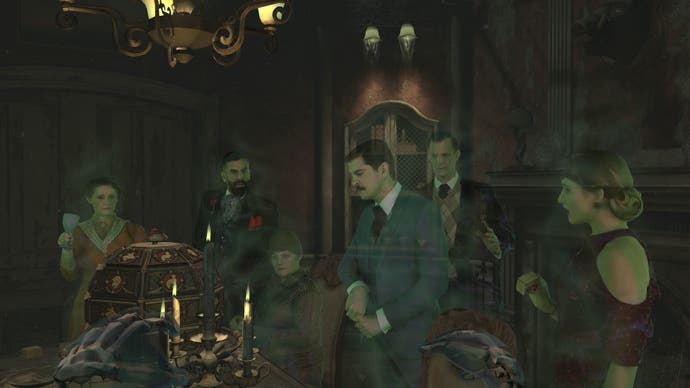 A screenshot of The 7th Guest VR showing six guests - portrayed by digitised actors - gathered around a table in a gloomily resplendent dining room.
