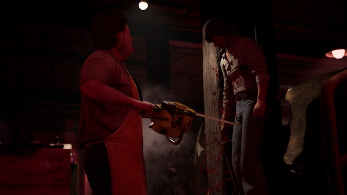 Leatherface stares at the bloodied corpse of a poor Victim who hangs from a meat hook. Blood splatters the wood, the torso, and Bubba's chainsaw.