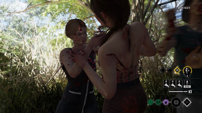 Sissy takes out Julie with a violent slash to her throat. Blood splatters both killer and the victim.