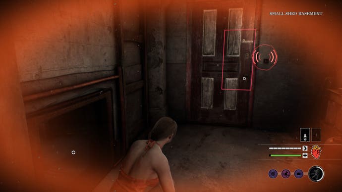 The Victim cowers behind a doorway, through which the red outline of a door suggests it has been recently slammed. The edges of the screen are red-orange, intimating an enemy is close.