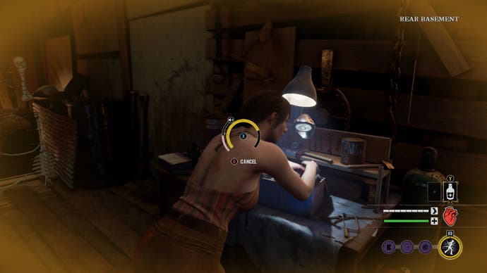 Another Victim attempts to get a lockpick through the search mini-game. The yellow glow suggests Leatherface is close.