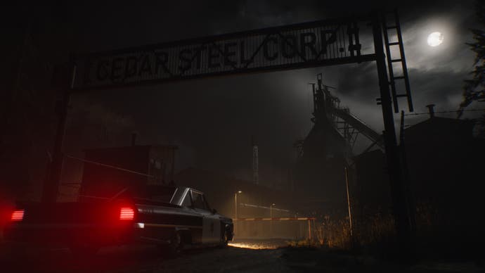 Cedar Steel Corp entranceway at night with a cop car outside from The Casting of Frank Stone
