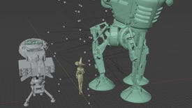 Three wire frame models of a fancy turret, a witch and a tripod mech