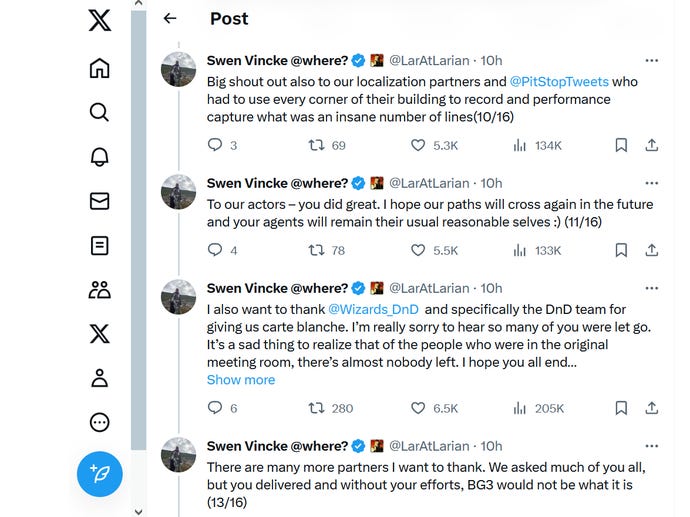 Ein Screenshot eines Twitter/X-Feeds, der die vollständigen Bemerkungen von Larian-CEO Swen Vincke für seine Dankesrede zum Game Award 2023 zeigt