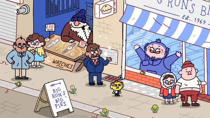 A small yellow man walks past a pie shop on a high street in Thank Goodness You're Here
