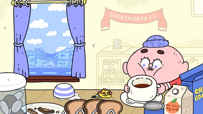 A young boy drinks a mug of tea while staring at a small yellow man in Thank Goodness You're Here