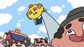 A man holds up a small yellow man above a cheering crowd in Thank Goodness You're Here