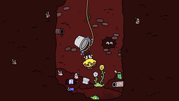 A small yellow man falls down a well in Thank Goodness You're Here
