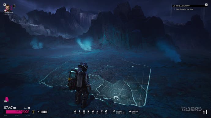 Un personaje con traje espacial se encuentra en la superficie oscura de un planeta alienígena, escaneando el suelo para encontrar recursos.  Vemos una imagen topográfica de lo que hay debajo de la superficie.