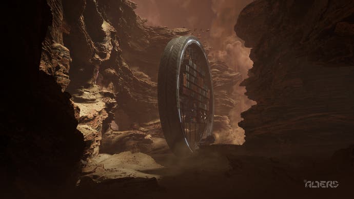 La base grande, delgada y con forma de rueda de The Alters, rodando a través de un cañón.
