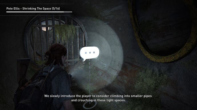 The Lost Levels: Seattle Sewer. Ellie is standing in front of a gigantic speech bubble, indicating director commentary. Pete Ellis gives commentary, saying: 