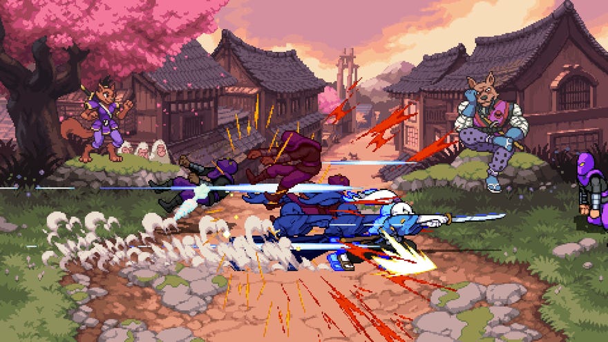 A rabbit samurai streams across a village scene in the DLC for Teenage Mutant Ninja Turtles: Shredder's Revenge