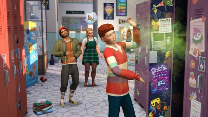 A sim opens their locker in the school corridor in The Sims 4 High School Years to a prank. Two more sims look on and laugh.