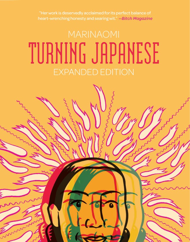 Orange cover of Turning Japanese, featuring a multi imposed image of a face, with white wiggly lines in a pattern around the face