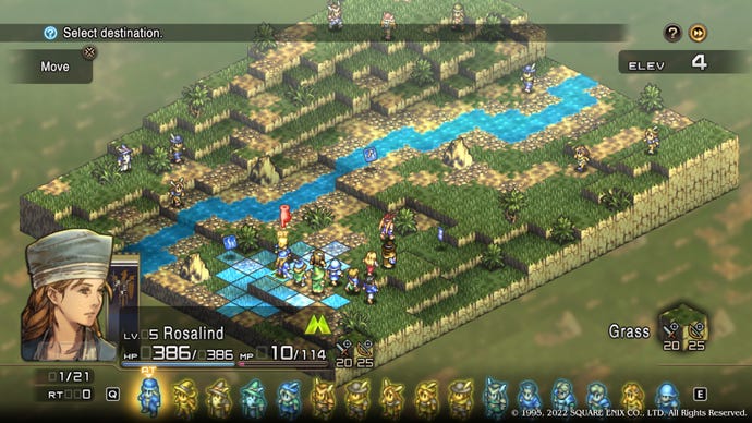 Warriors prepare for battle on a grassy plain with a river running through it in Tactics Ogre Reborn