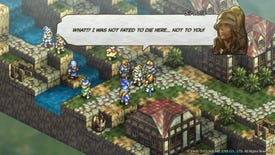 Warriors stand in around a solider in a medieval town in Tactics Ogre Reborn