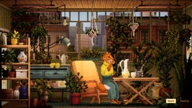 Renee, the fox character from Tales: The Backbone Preludes, sits in a room in a flat full of potted plants. Skyscrapers are visible through the window