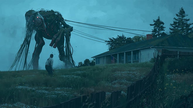 A massive automaton wrapped in cables looms over a residential home in Tales from the Loop, Free League's RPG about an alternate history 1980s Sweden.