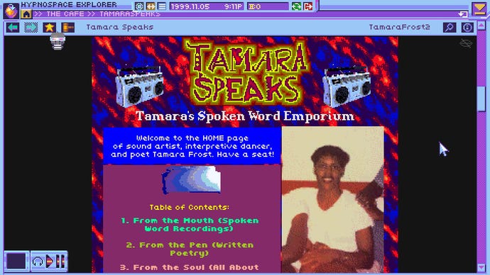 A geocities style web page for Tamara Speaks, a fictional poet in the world of Hypnospace Outlaw. Her garish page has links to download recordings of her spoken word poetry.