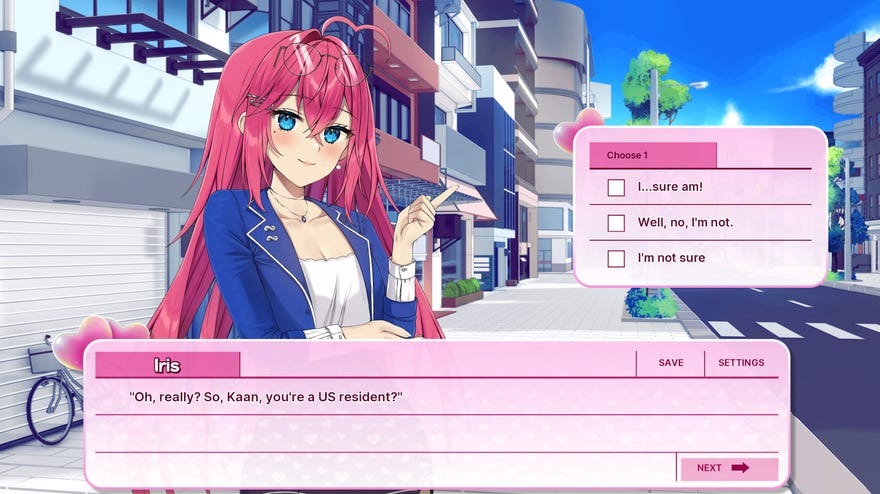 Anime woman Iris asks the player if they're a US citizen in a screenshot from Tax Heaven 3000