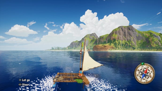 A small girl sails a wooden catamaran toward an island in Tchia