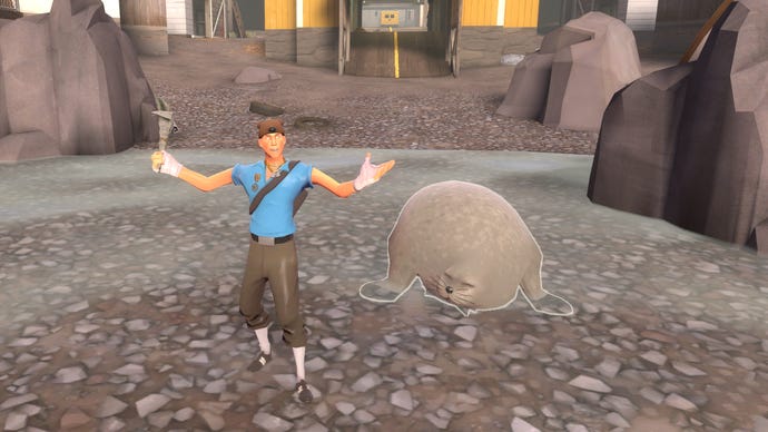 Der Scout posiert in Team Fortress 2 neben einem glücklichen Seehund.