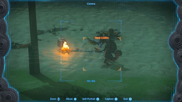 Link using the Purah Pad's camera to register a monster in the Hyrule compendium.