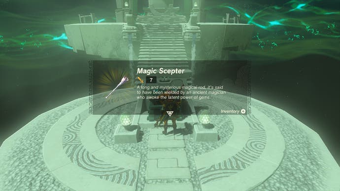 Link receiving the Magic Scepter after opening a treasure chest at Mayahisik Shrine.