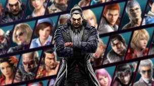 Tekken 8's Kazuya Mishima stands, arms crossed and angry, in front of the roster of fighters coming to Tekken 8 – all of whom are slighlty blurred.