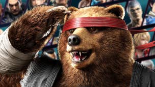 A close-up of Kuma the bear in Tekken 8, with the roster peeking out behind him. Kuma is saluting, and wearing his master Heihachi's old clothes.