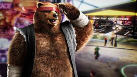 Kuma, the bear from Tekken 8, salutes a shop called 'Iron Fist Outfitters'.