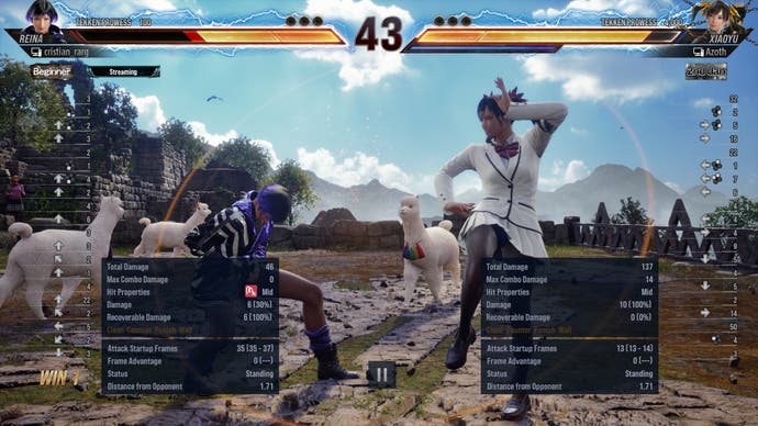 Tekken Review 10 Online Replay - Tekken 8 screenshot of Reina and Xiayou about to fight during a replay of an online match