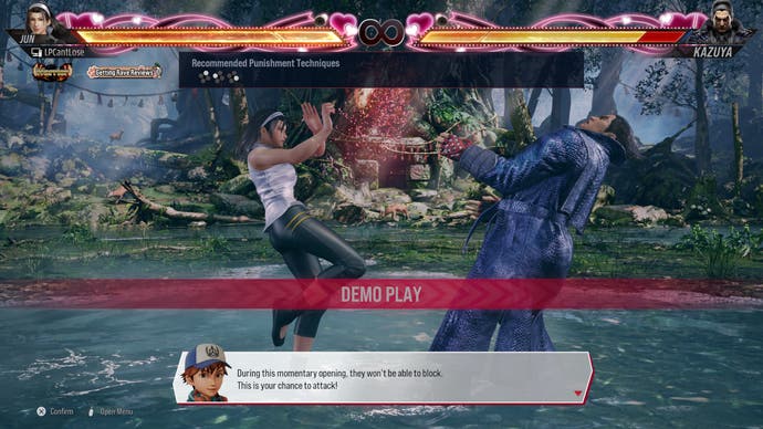 Tekken Review 2 Punishment Training - Tekken 8 screenshot of Jun reacting to Kazuya’s attack during the punishment training tutorial