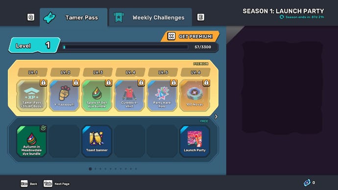 Temtem screenshot showing the Tamer Pass, a battle pass implemented in the full launch.