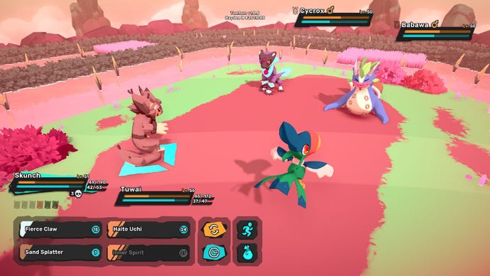 Temtem-Screenshot, der einen wilden Kampf zwischen einem Skunch und einem Tuwai gegen einen Cykrox und einen Babawa zeigt.