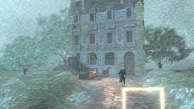 An investigator walks toward a square portal to escape the painterly world in a screenshot from Tenebris Pictura.